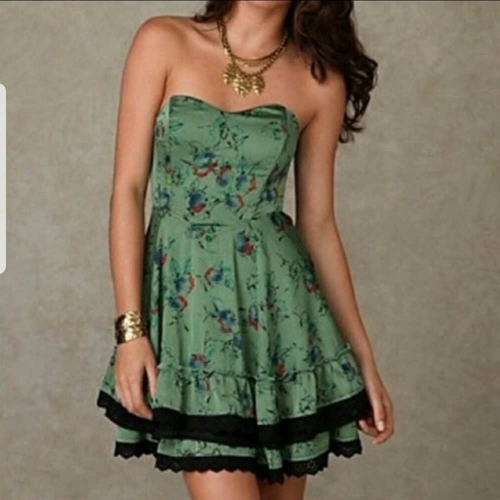 Free People Green Floral Ruffle Strapless Dress